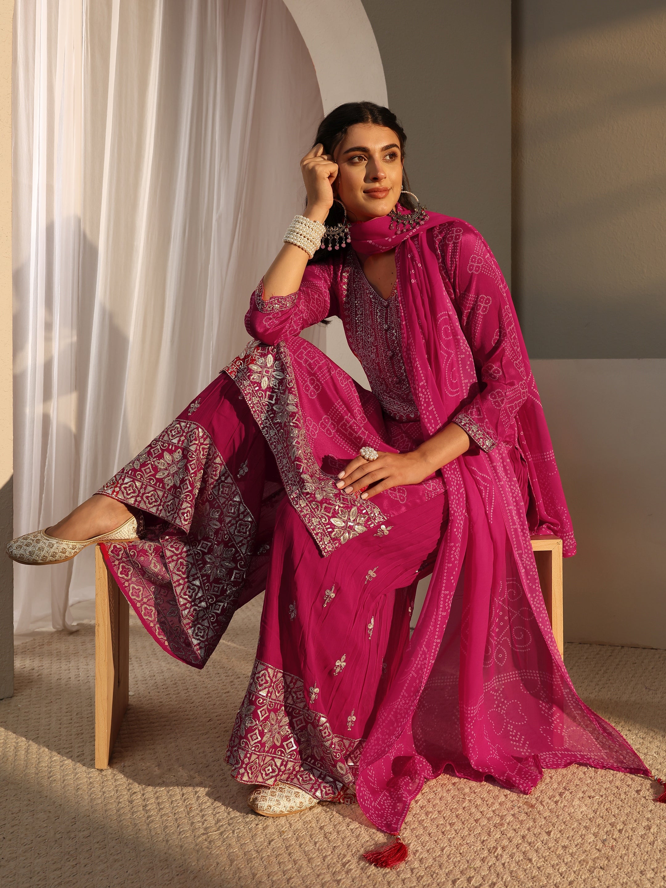 Libas Art Pink Bandhani Printed Georgette Palazzo Suit Set With Dupatta-image-3