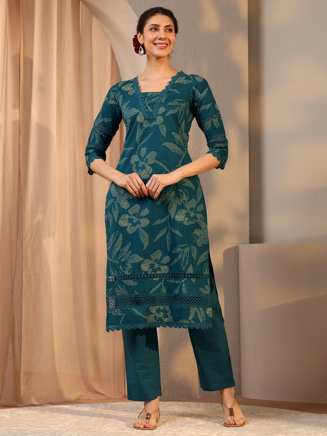  Teal Floral Printed Cotton Straight Kurta Set 