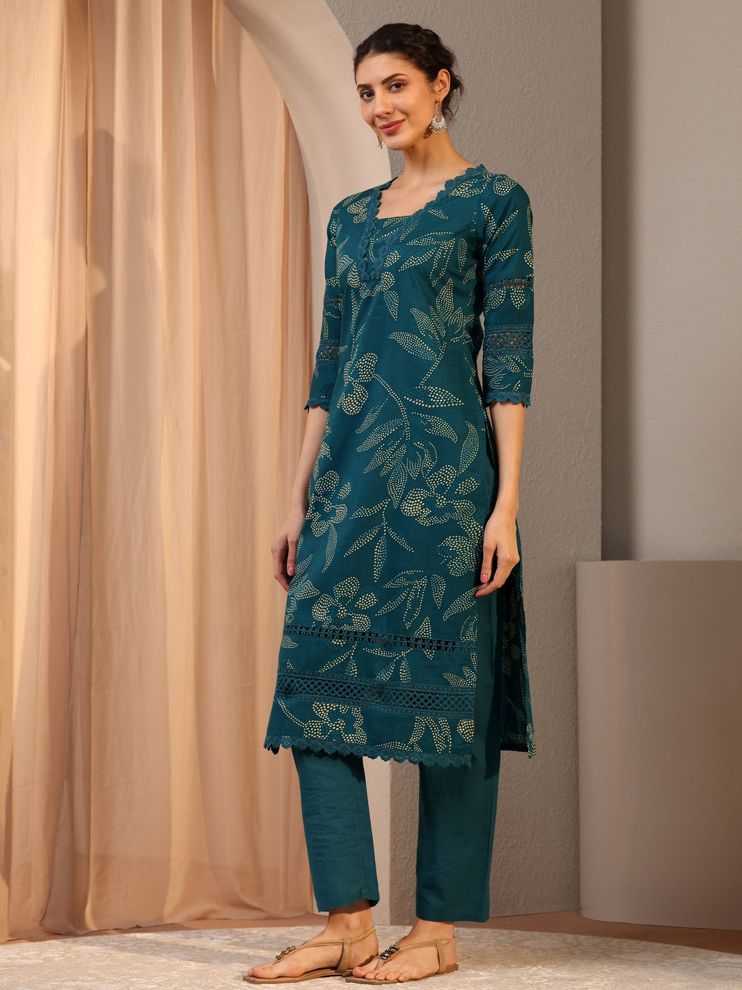  Teal Floral Printed Cotton Straight Kurta Set 