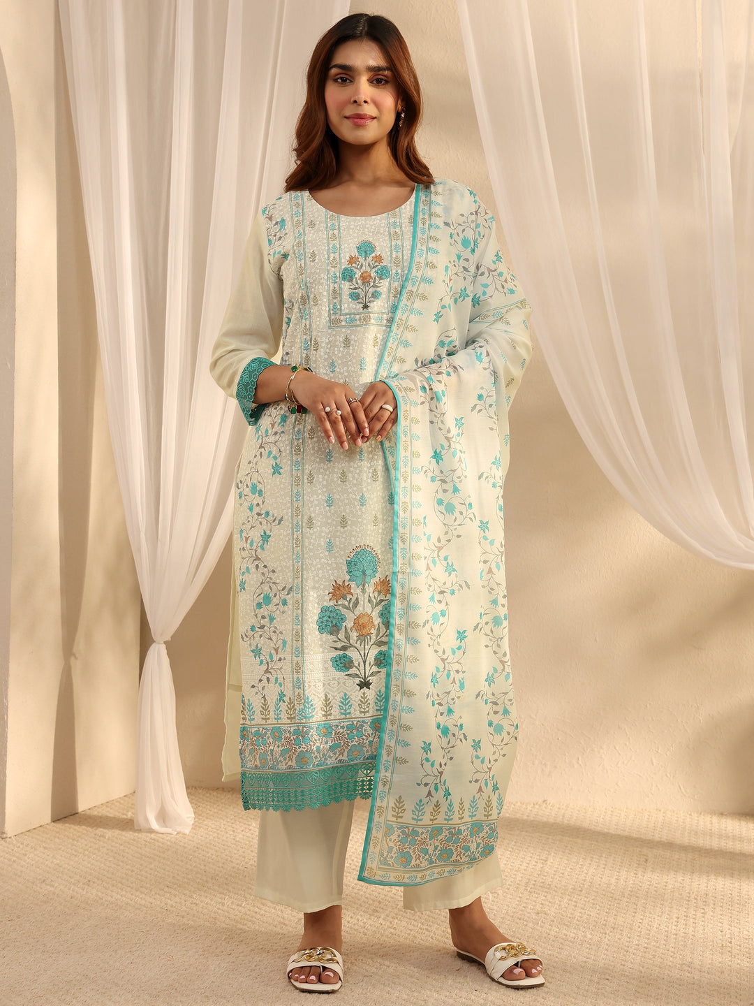  White Floral Printed Cotton Blend Straight Suit Set With Dupatta 