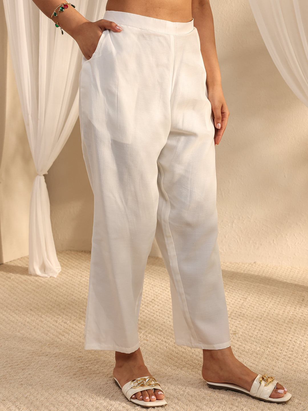  White Floral Printed Cotton Blend Straight Suit Set With Dupatta 