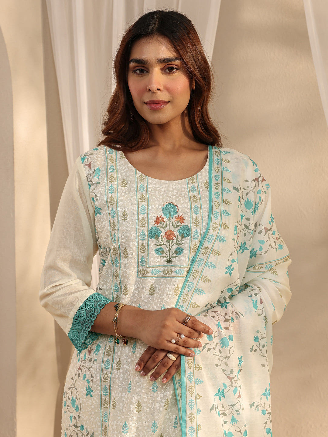  White Floral Printed Cotton Blend Straight Suit Set With Dupatta 