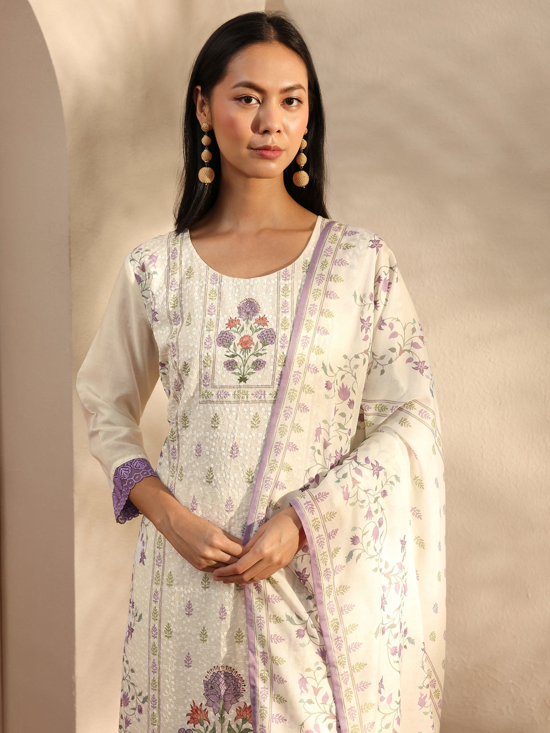  White Floral Printed Cotton Blend Straight Suit Set With Dupatta 