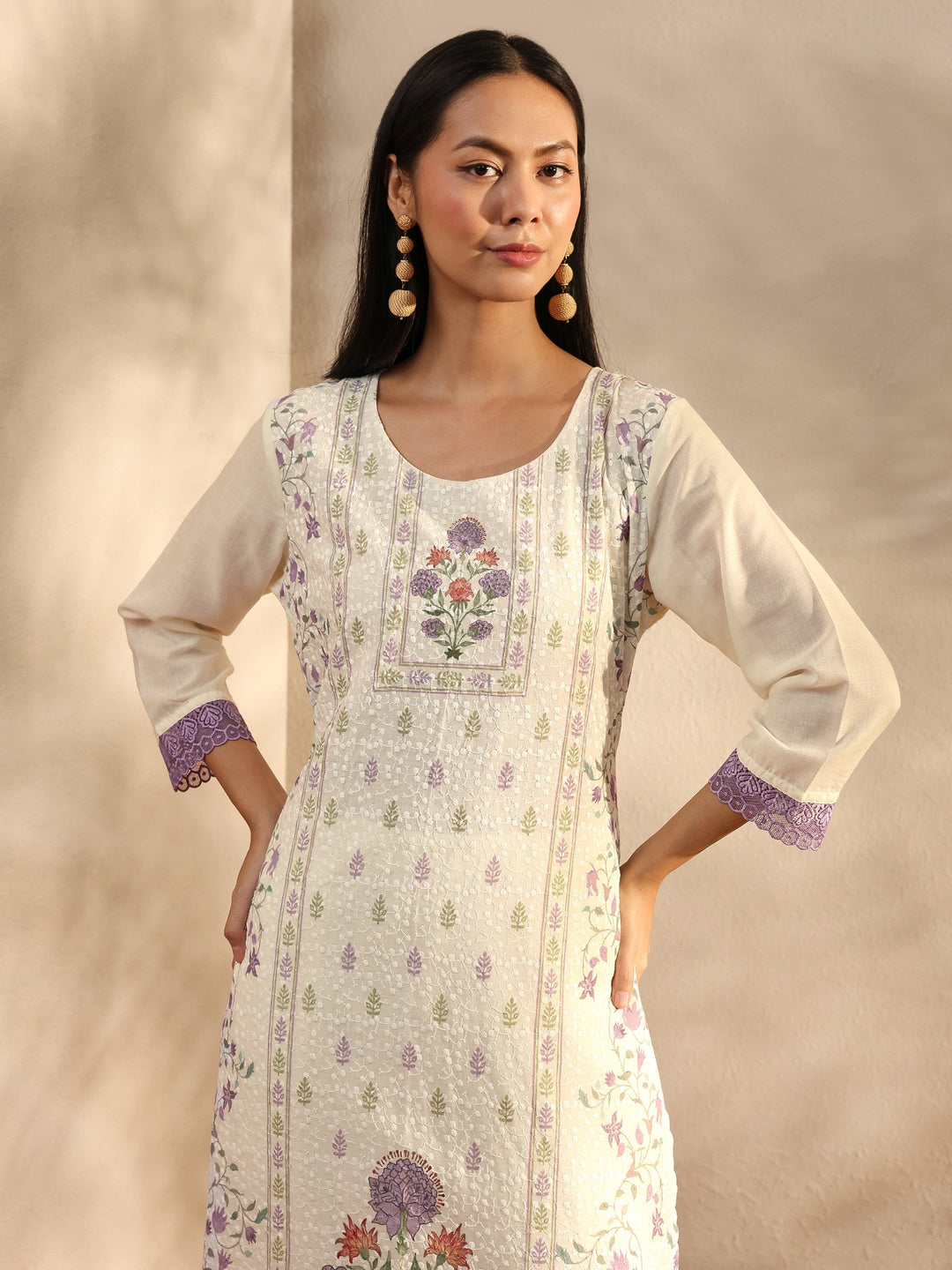  White Floral Printed Cotton Blend Straight Suit Set With Dupatta 