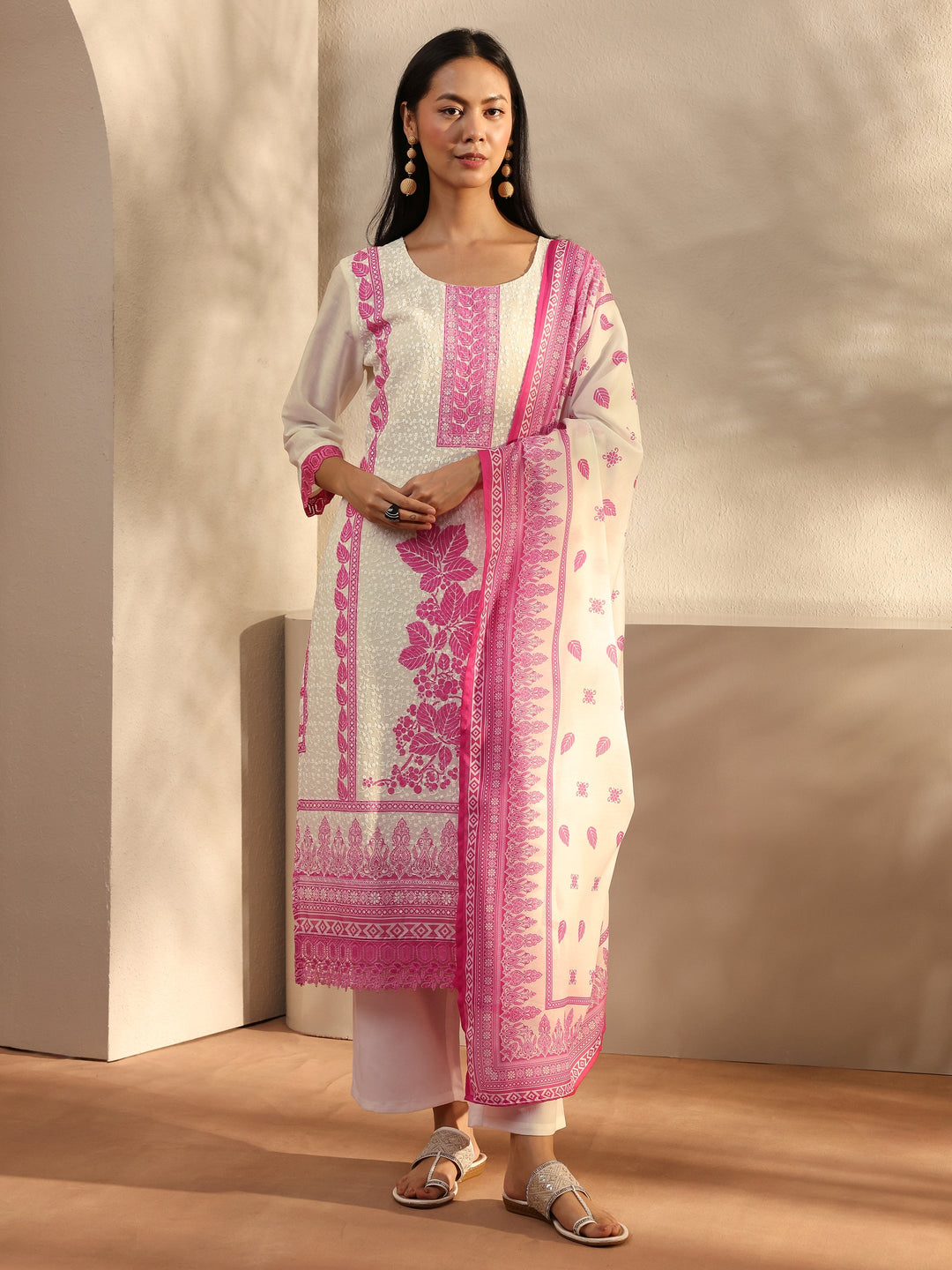  White Floral Printed Cotton Blend Straight Suit Set With Dupatta 