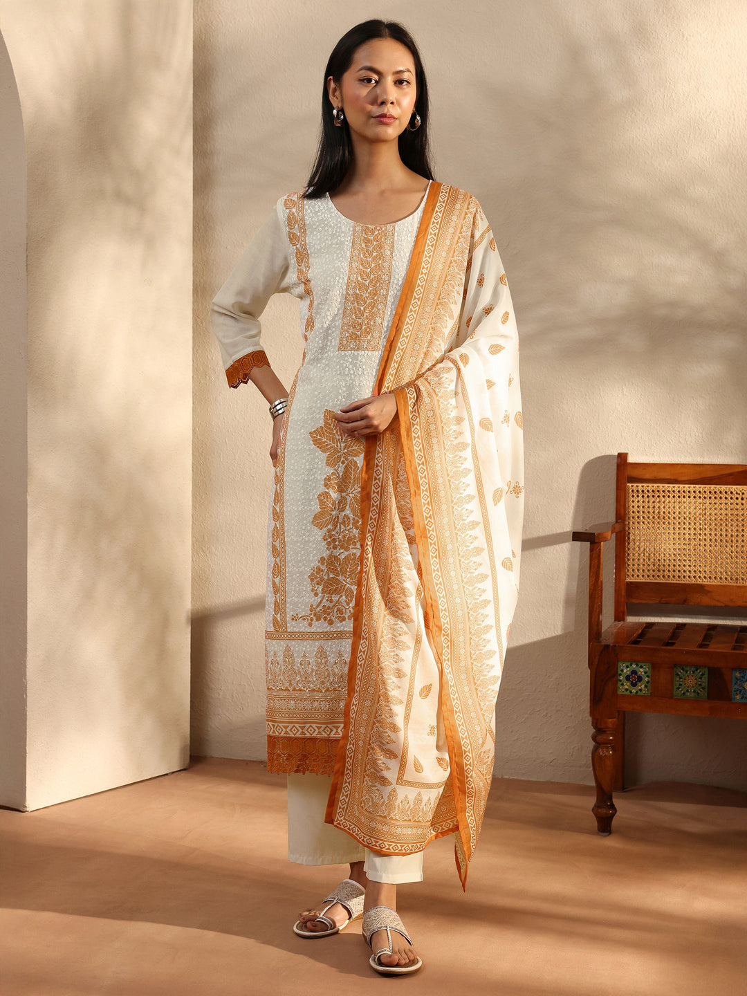  White Floral Printed Cotton Blend Straight Suit Set With Dupatta 