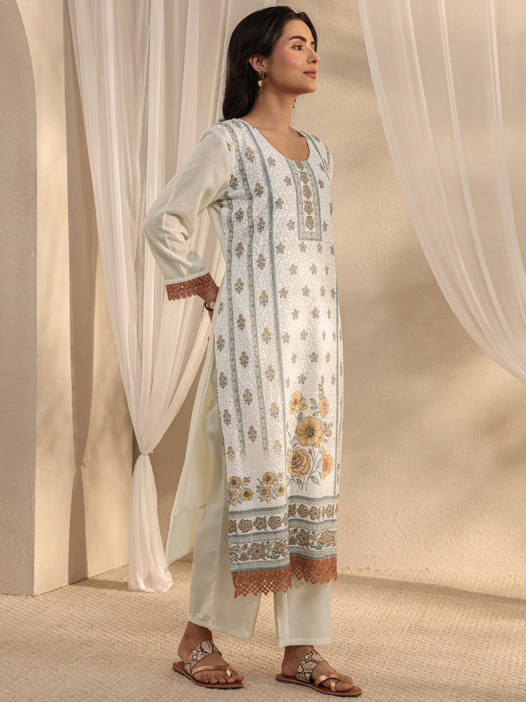  White Floral Printed Cotton Blend Straight Suit Set With Dupatta 