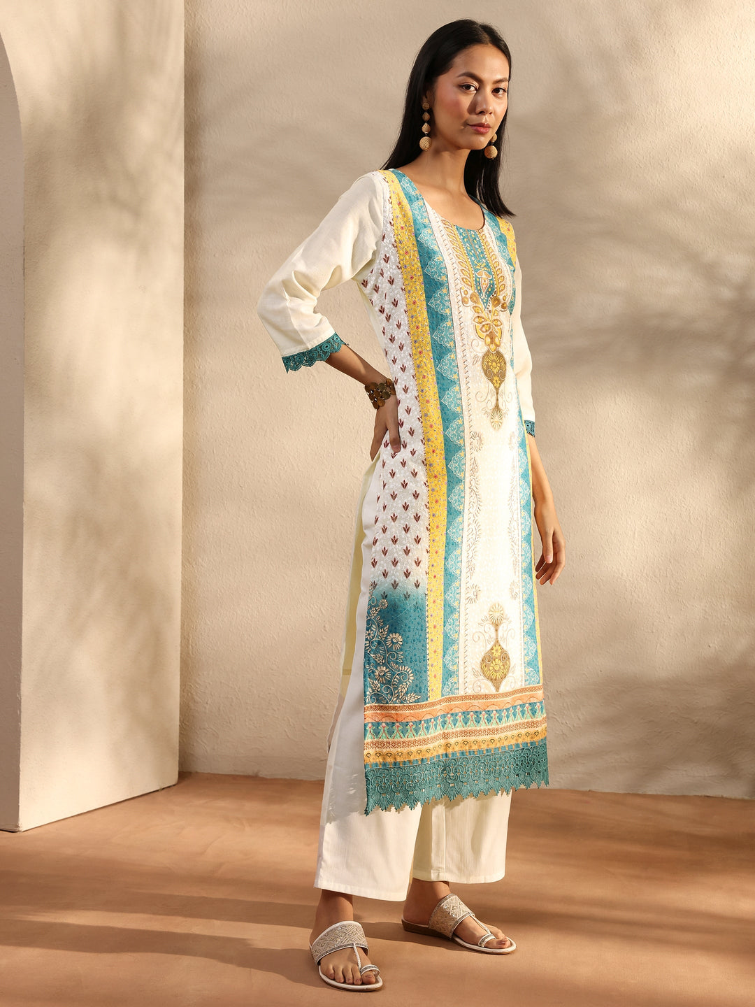  White Printed Cotton Blend Straight Suit Set With Dupatta 