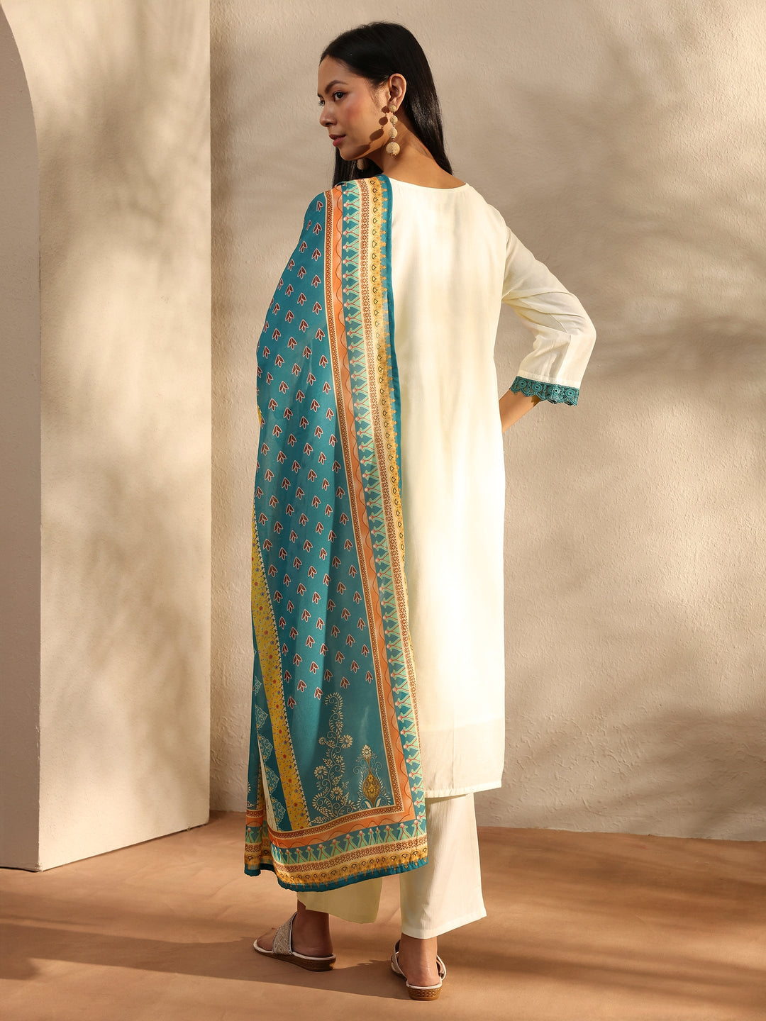  White Printed Cotton Blend Straight Suit Set With Dupatta 