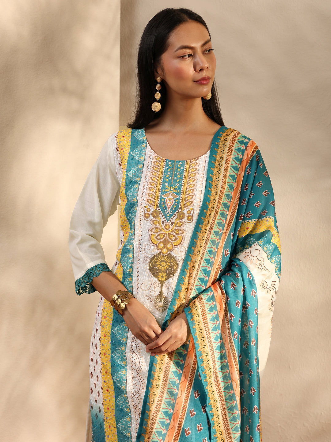  White Printed Cotton Blend Straight Suit Set With Dupatta 