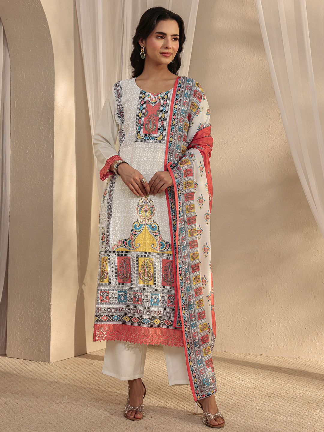  White Ethnic Printed Cotton Blend Straight Suit Set With Dupatta 