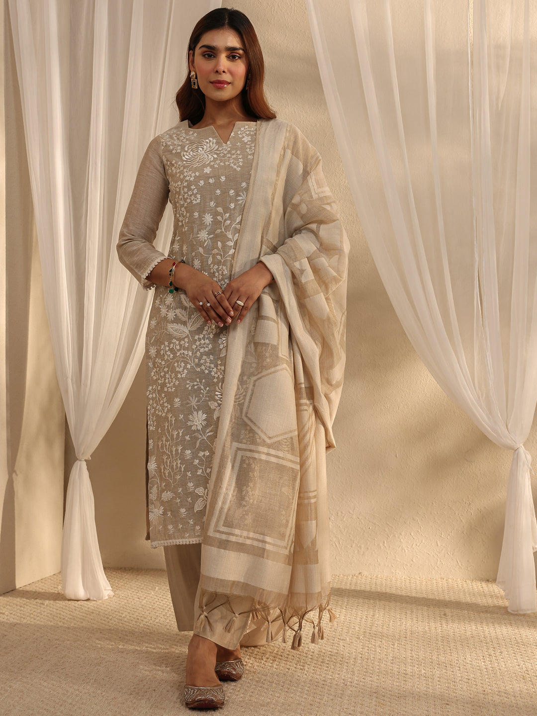  Beige Floral Embroidered Cotton Blend Straight Suit Set With Dupatta 