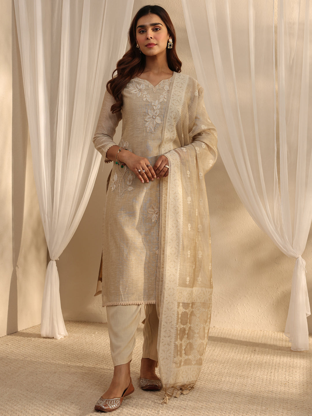  Beige Floral Embroidered Cotton Blend Straight Suit Set With Dupatta 