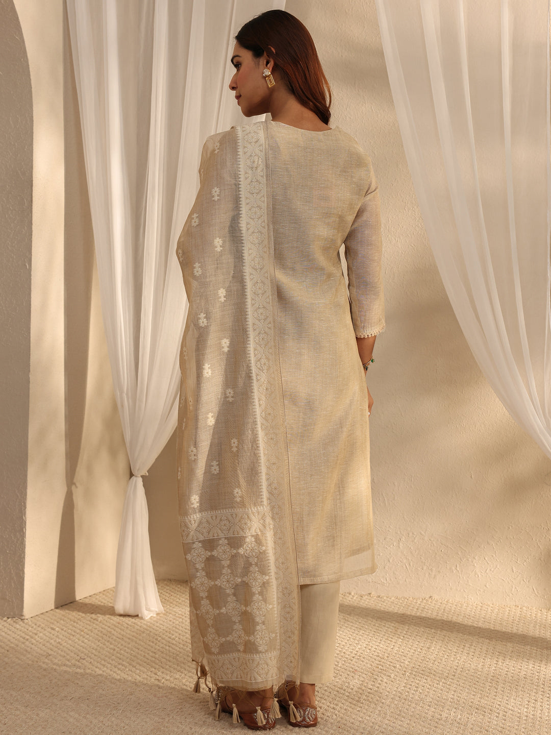  Beige Floral Embroidered Cotton Blend Straight Suit Set With Dupatta 