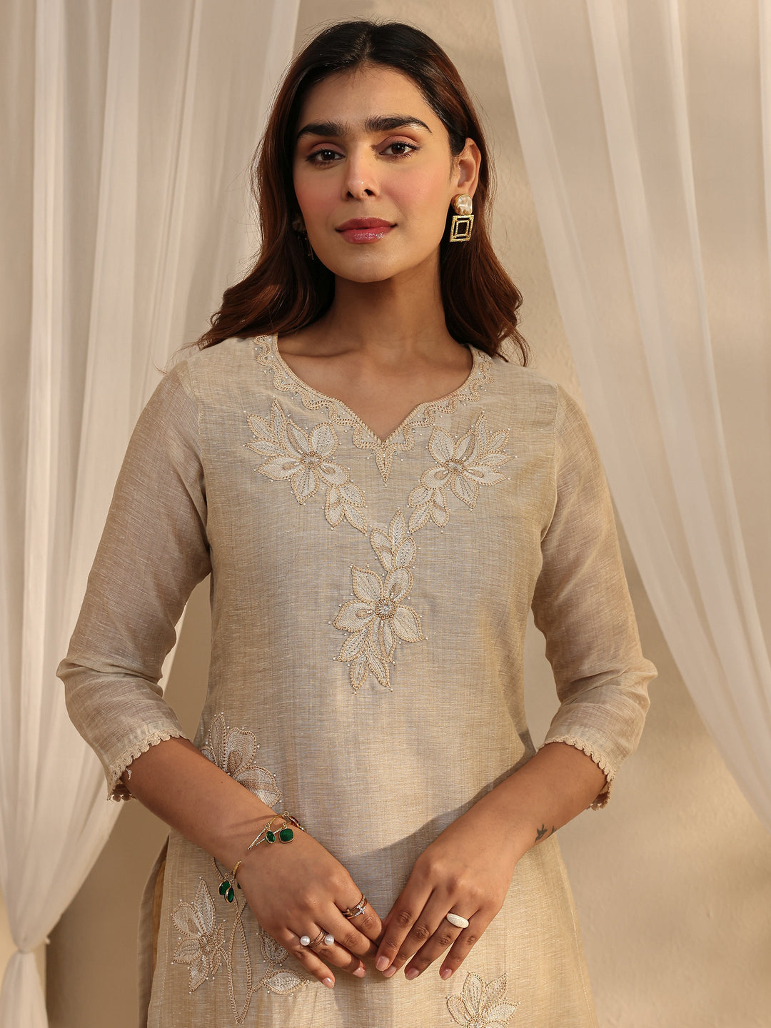  Beige Floral Embroidered Cotton Blend Straight Suit Set With Dupatta 