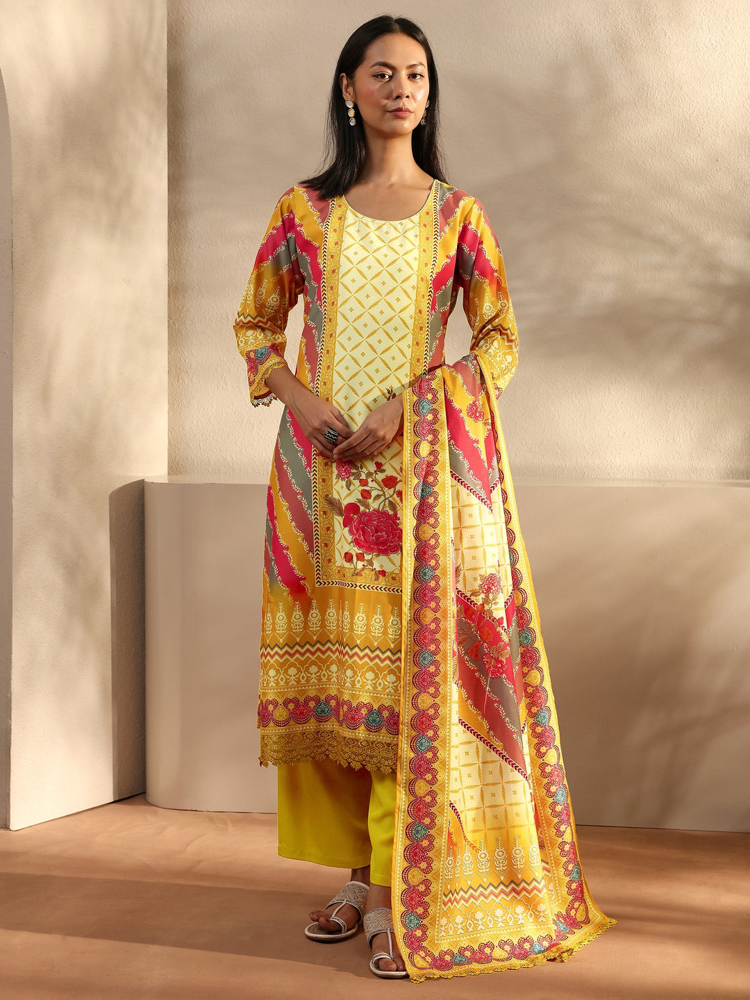  Mustard Printed Crepe Straight Suit Set With Dupatta 