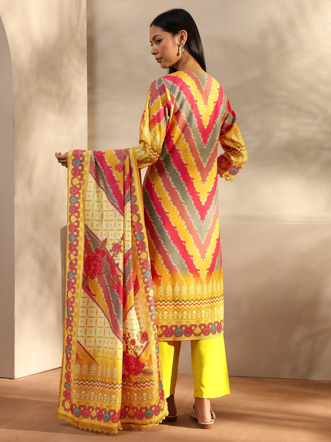  Mustard Printed Crepe Straight Suit Set With Dupatta 