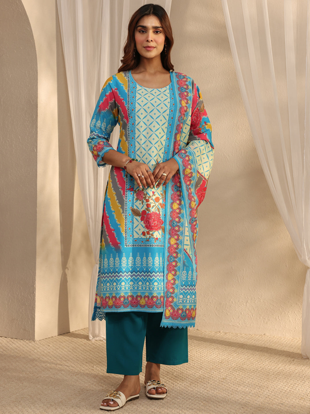  Blue Ethnic Printed Crepe Straight Suit Set With Dupatta 