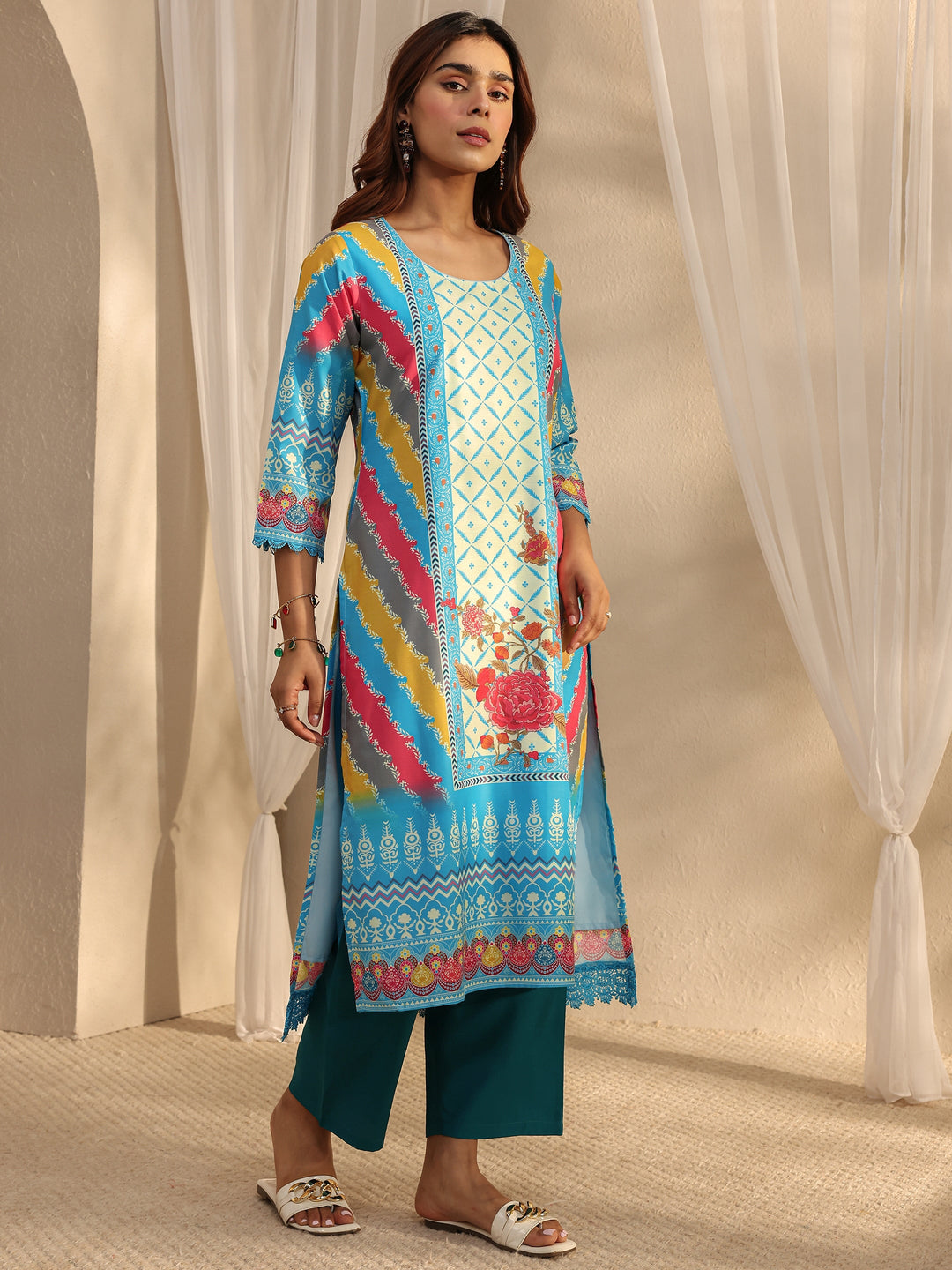  Blue Ethnic Printed Crepe Straight Suit Set With Dupatta 