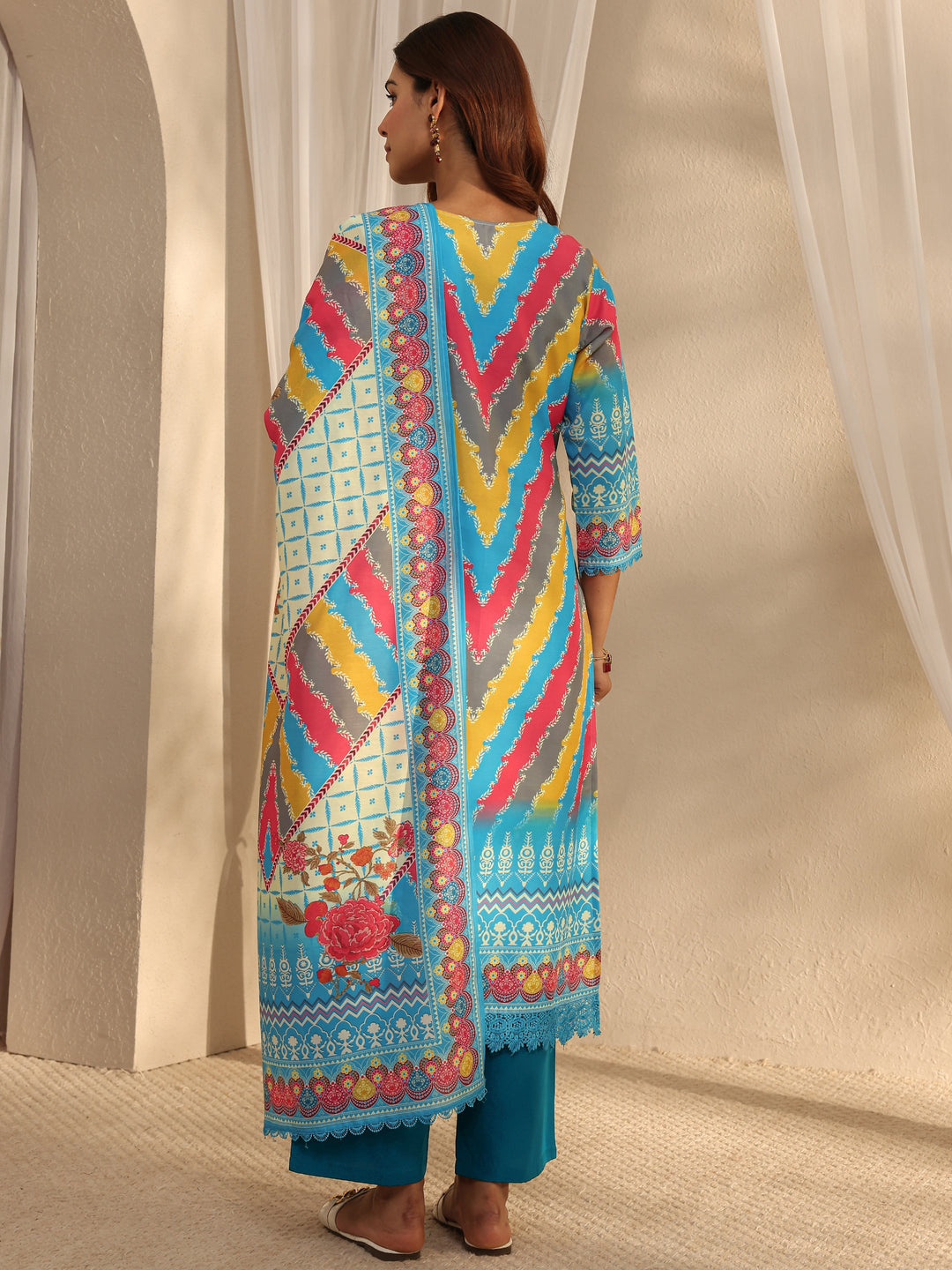  Blue Ethnic Printed Crepe Straight Suit Set With Dupatta 