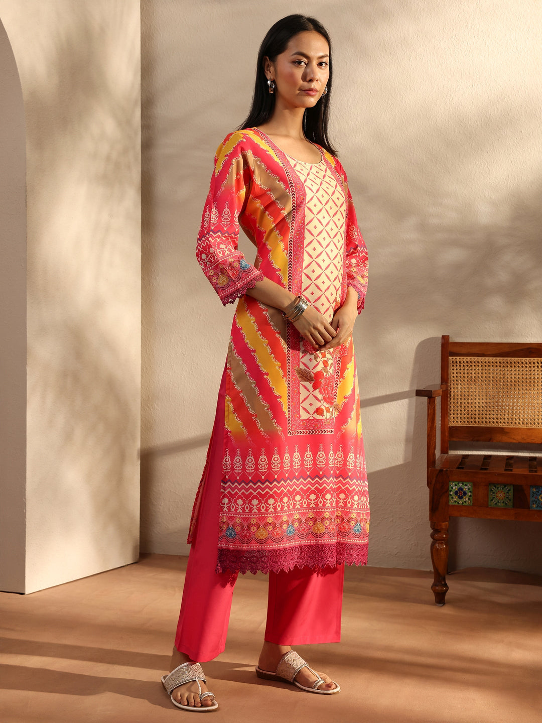  Pink Printed Crepe Straight Suit Set With Dupatta 