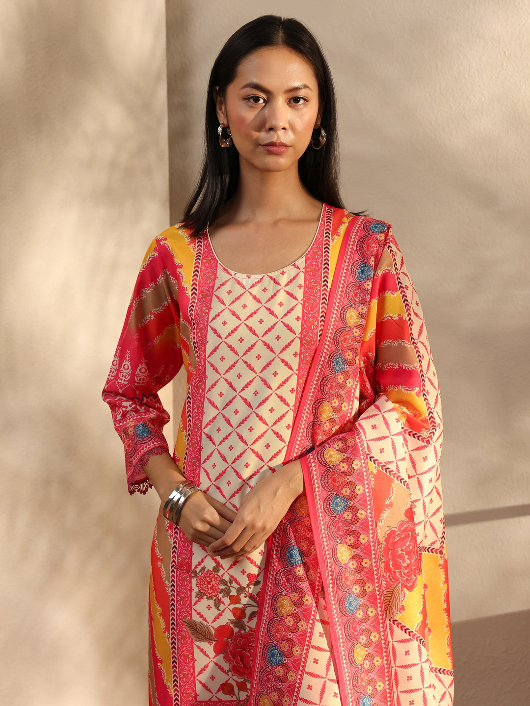  Pink Printed Crepe Straight Suit Set With Dupatta 