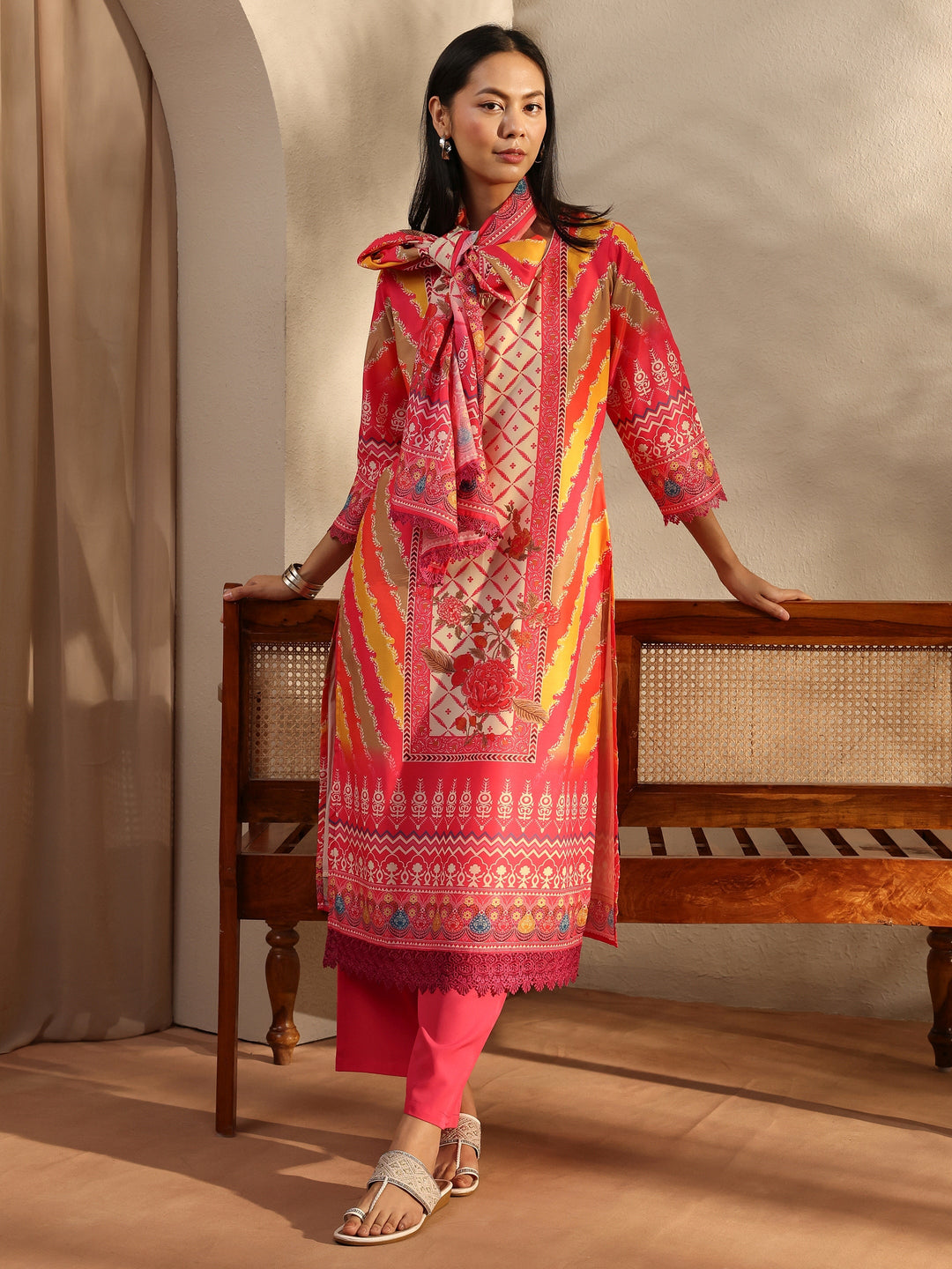  Pink Printed Crepe Straight Suit Set With Dupatta 