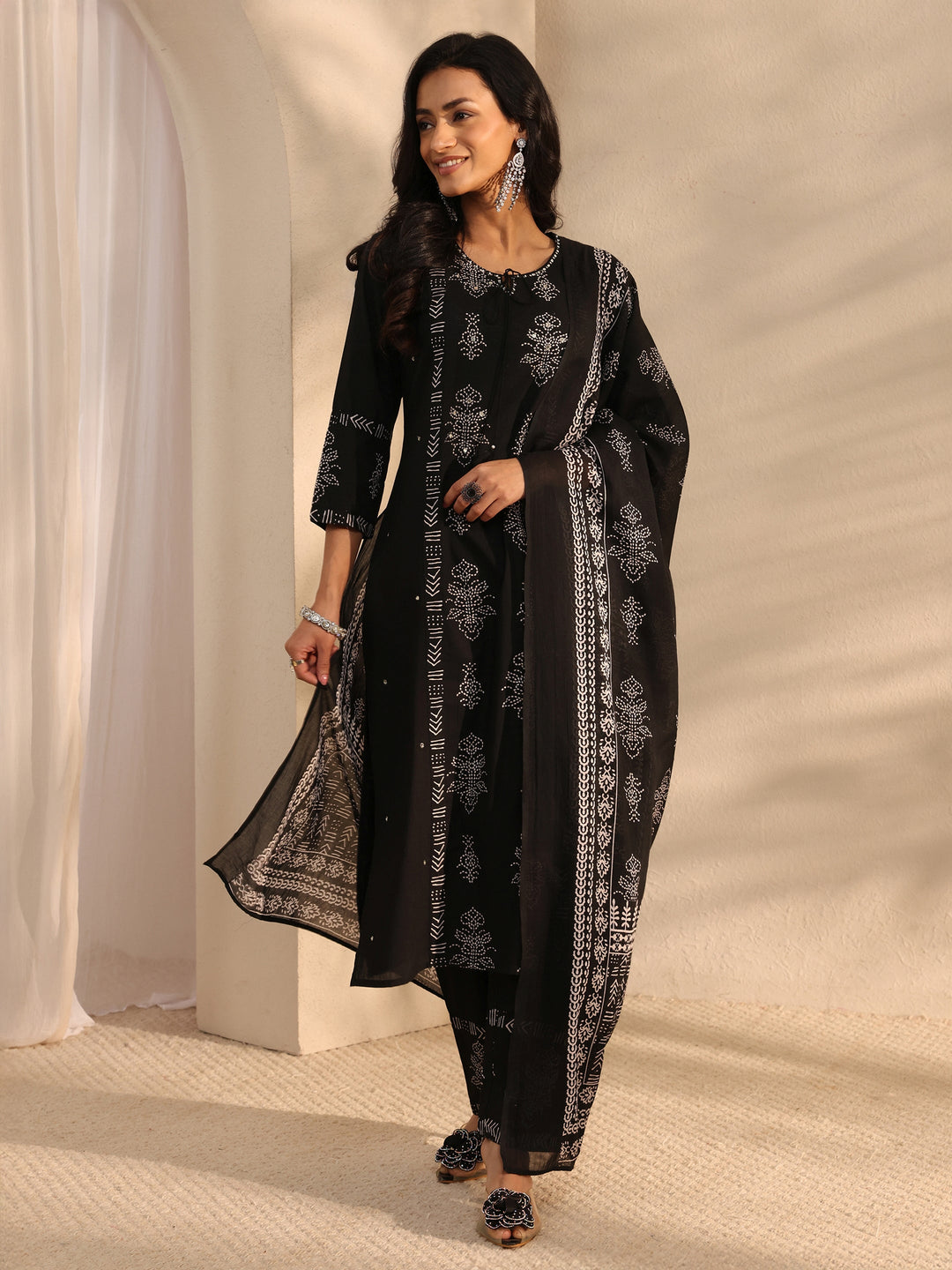  Black Bandhani Printed Cotton Straight Suit Set With Dupatta 