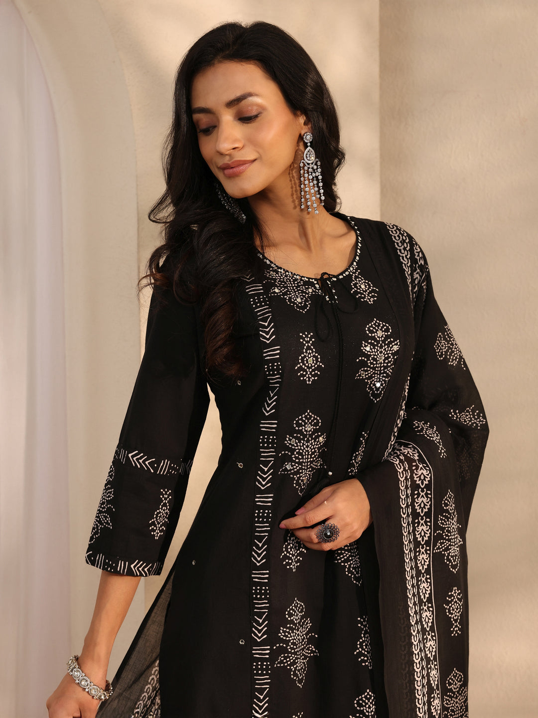  Black Bandhani Printed Cotton Straight Suit Set With Dupatta 