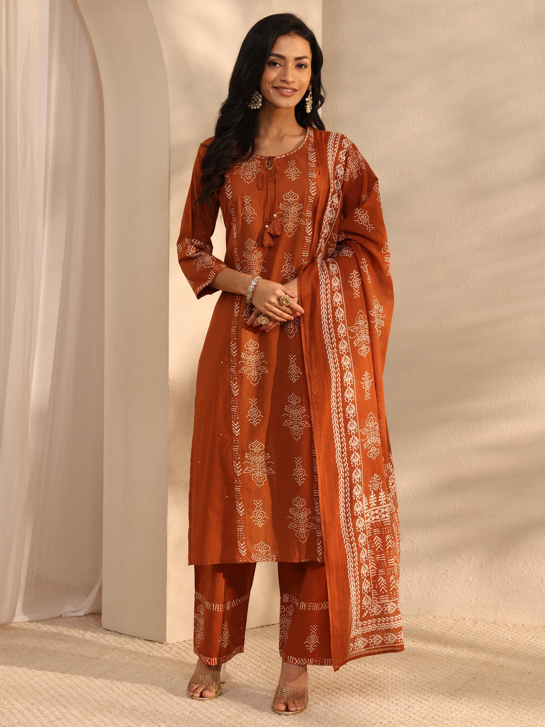  Rust Bandhani Printed Cotton Straight Suit Set With Dupatta 