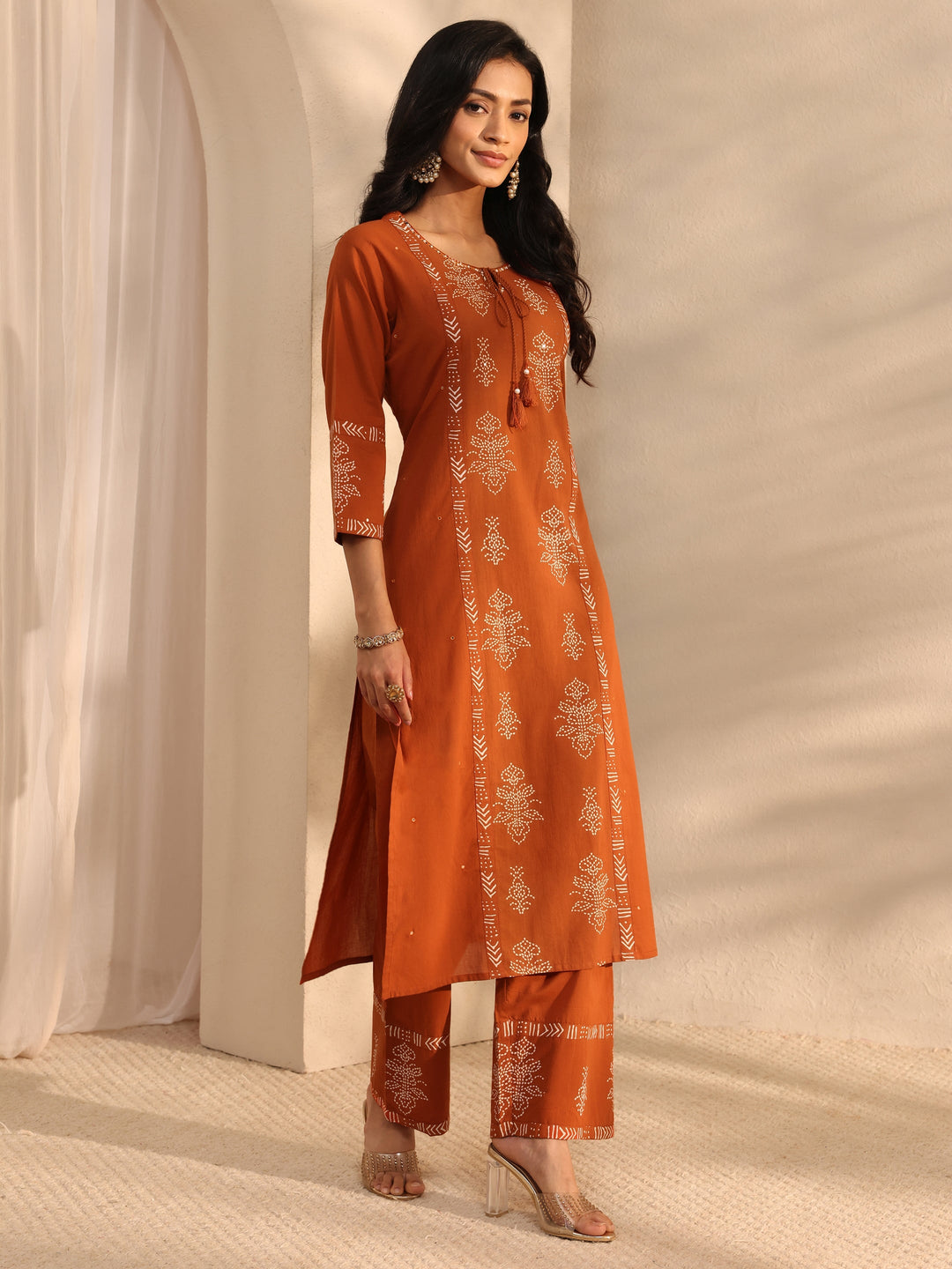  Rust Bandhani Printed Cotton Straight Suit Set With Dupatta 