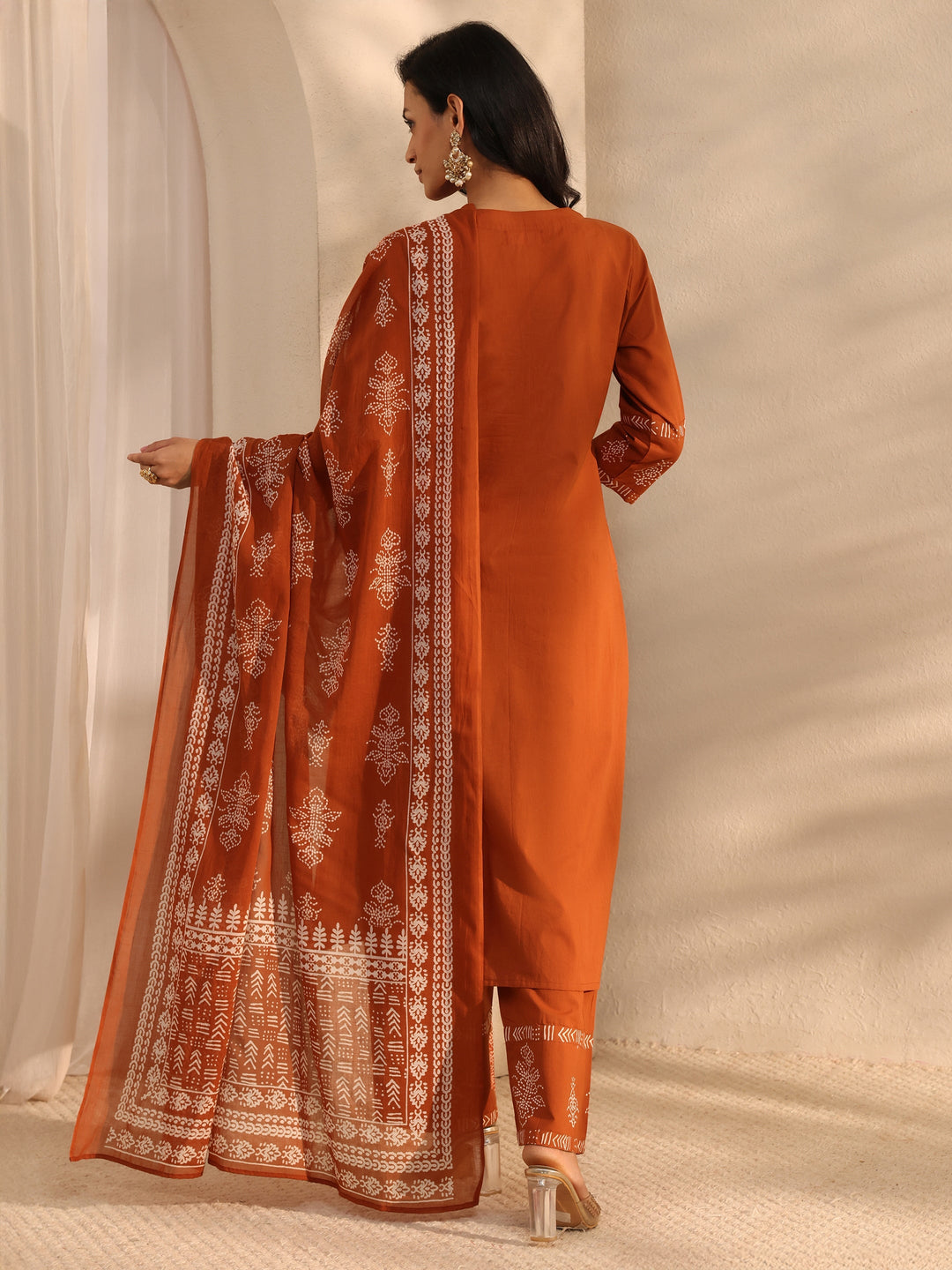  Rust Bandhani Printed Cotton Straight Suit Set With Dupatta 