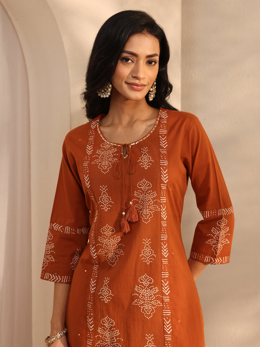  Rust Bandhani Printed Cotton Straight Suit Set With Dupatta 
