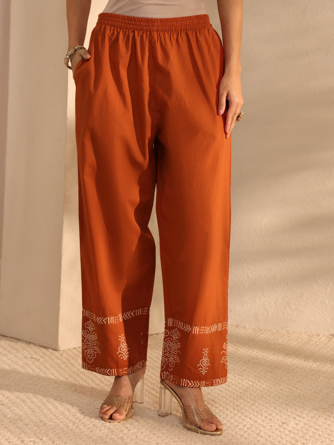  Rust Bandhani Printed Cotton Straight Suit Set With Dupatta 