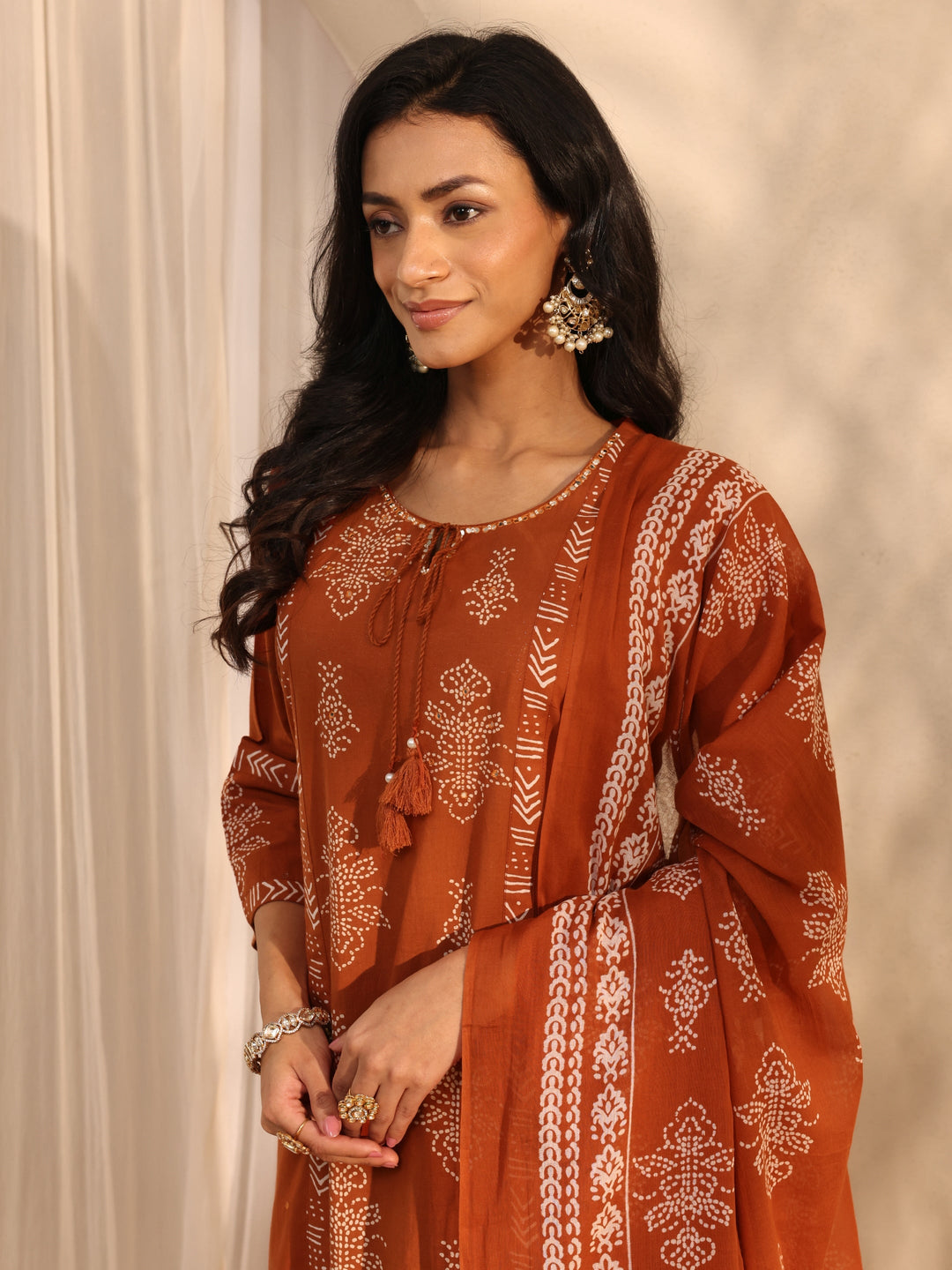  Rust Bandhani Printed Cotton Straight Suit Set With Dupatta 