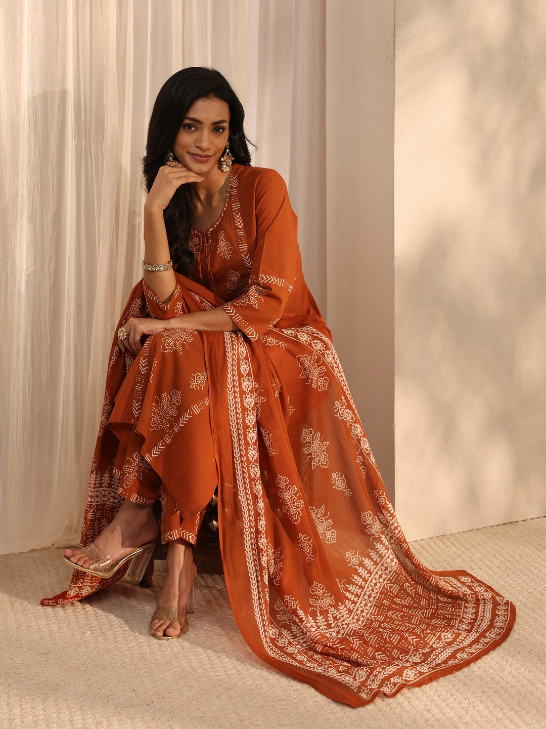 Rust Bandhani Printed Cotton Straight Suit Set With Dupatta