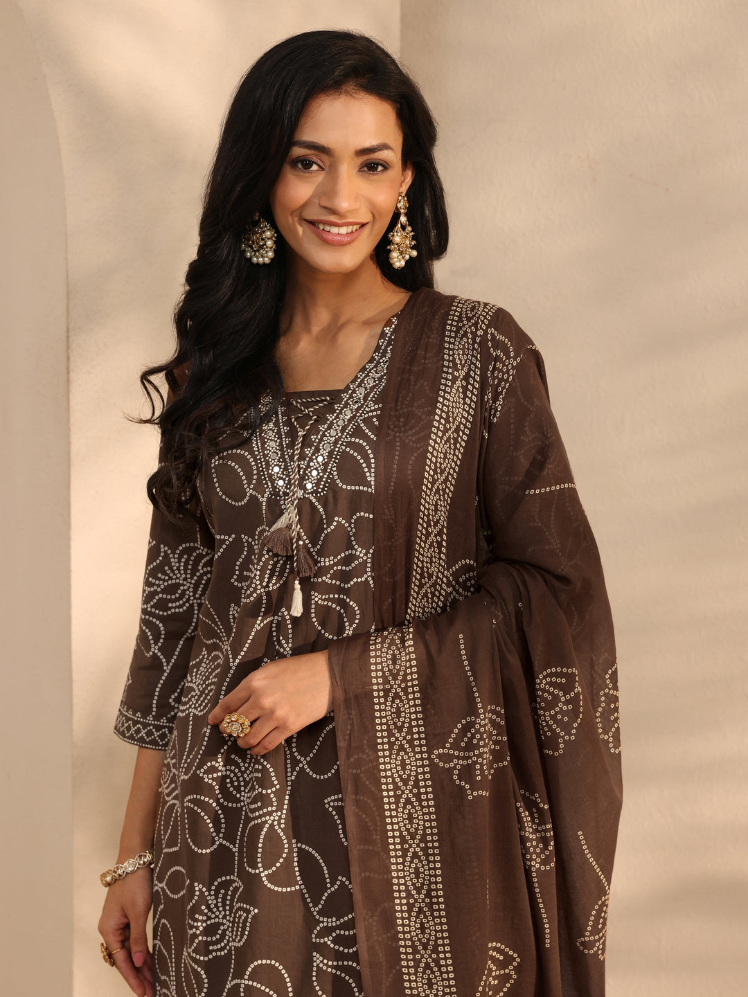 Brown Bandhani Printed Cotton Straight Suit Set With Dupatta 