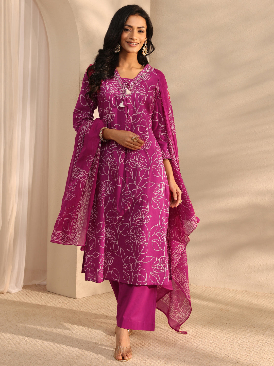  Pink Bandhani Printed Cotton Straight Suit Set With Dupatta 