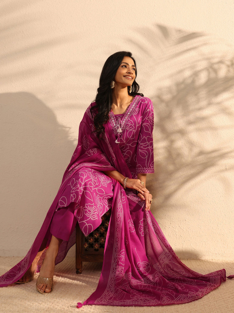 Libas Pink Bandhani Printed Cotton Straight Suit Set With Dupatta