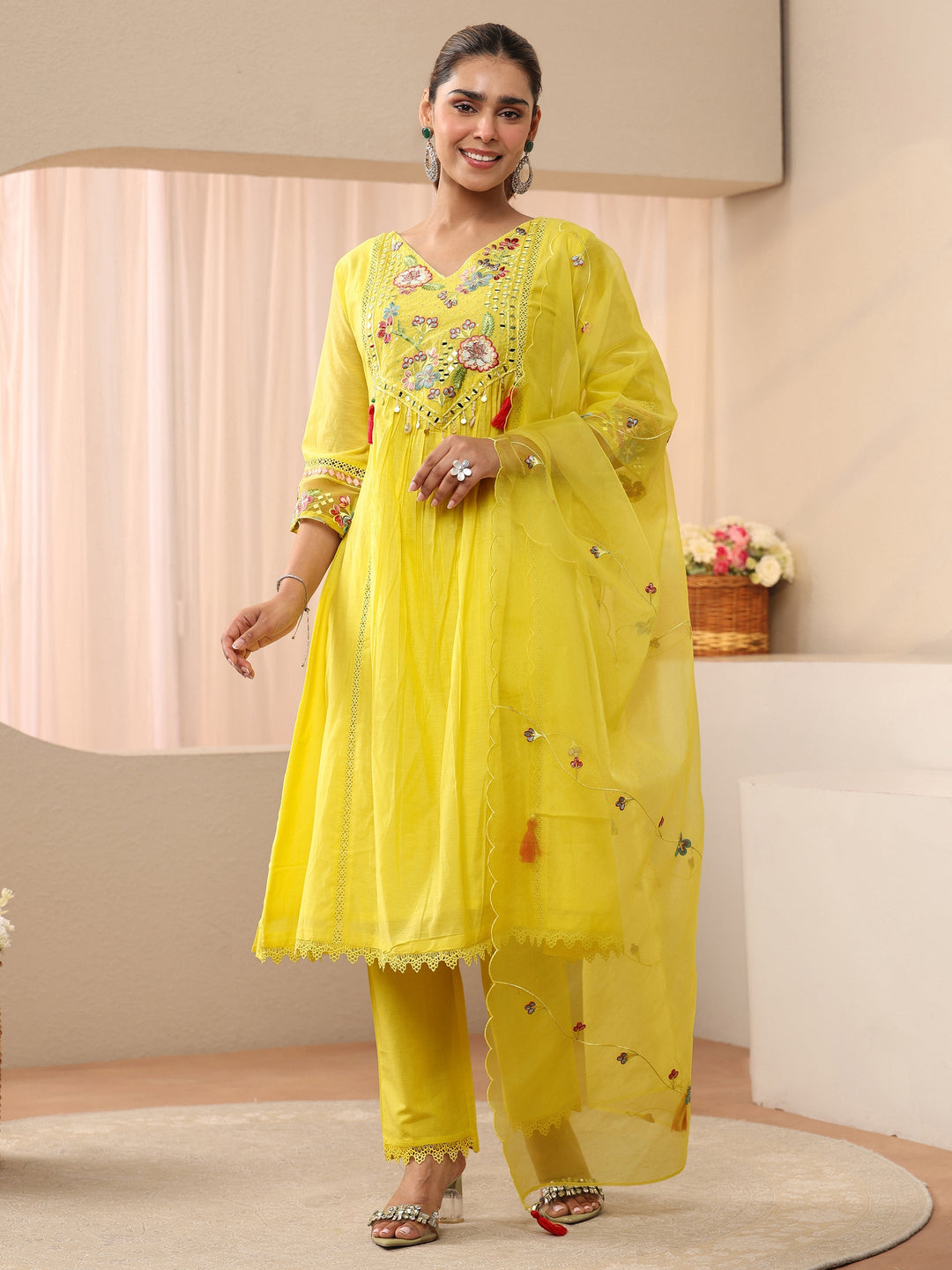 Yellow Floral Embroidered Silk Blend A-Line Suit Set 