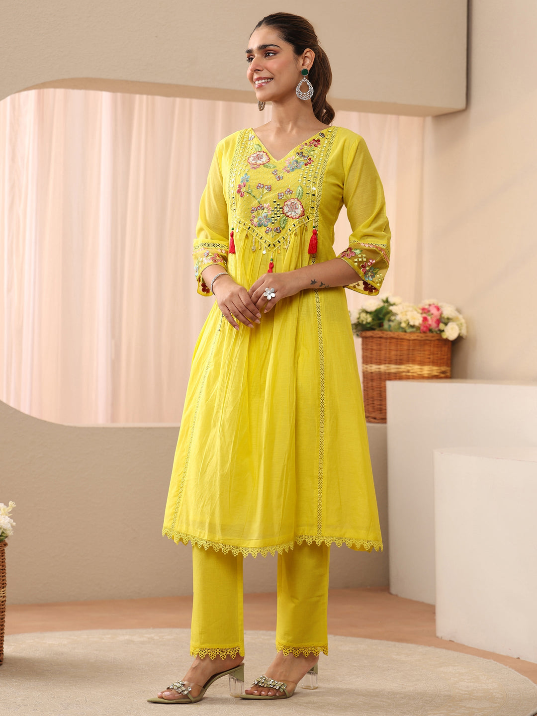  Yellow Floral Embroidered Silk Blend A-Line Suit Set 