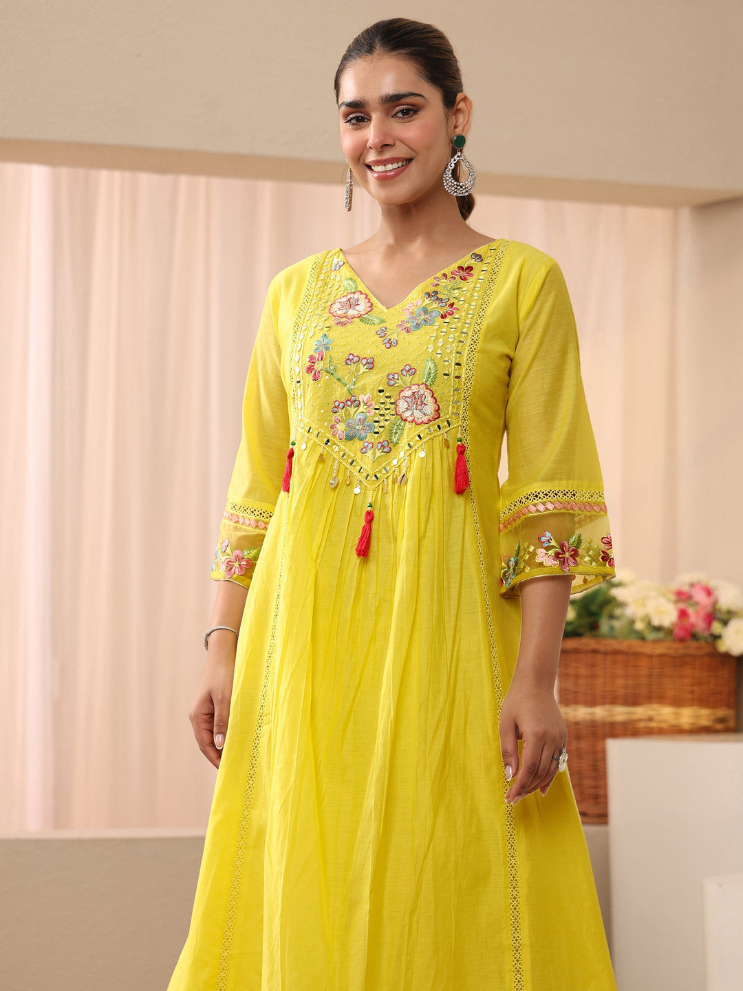  Yellow Floral Embroidered Silk Blend A-Line Suit Set 