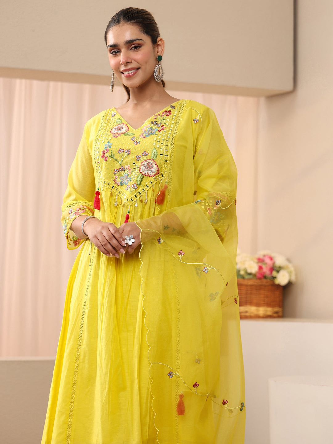  Yellow Floral Embroidered Silk Blend A-Line Suit Set 