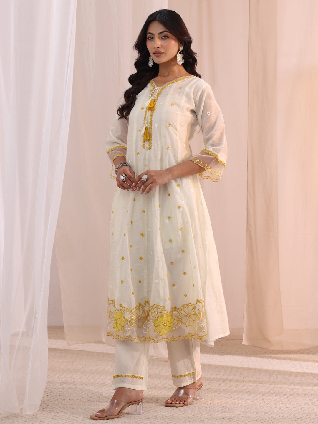  White Floral Embroidered Silk Blend A-Line Suit Set 