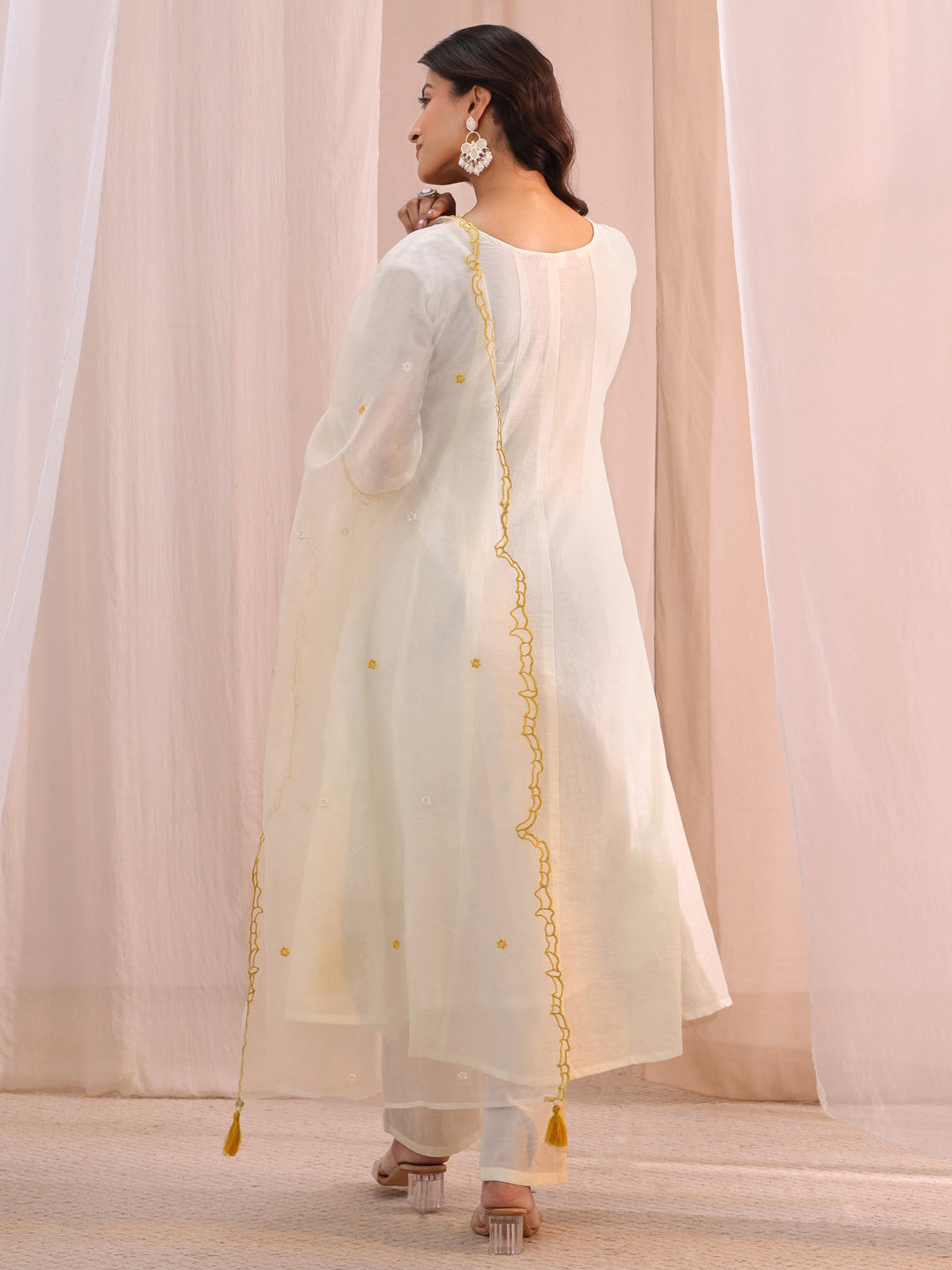  White Floral Embroidered Silk Blend A-Line Suit Set 