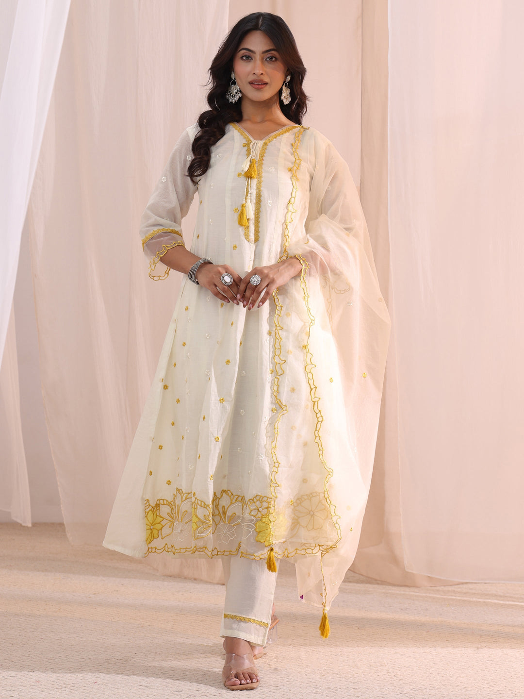  White Floral Embroidered Silk Blend A-Line Suit Set 