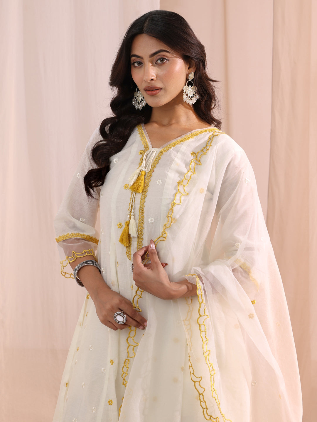  White Floral Embroidered Silk Blend A-Line Suit Set 