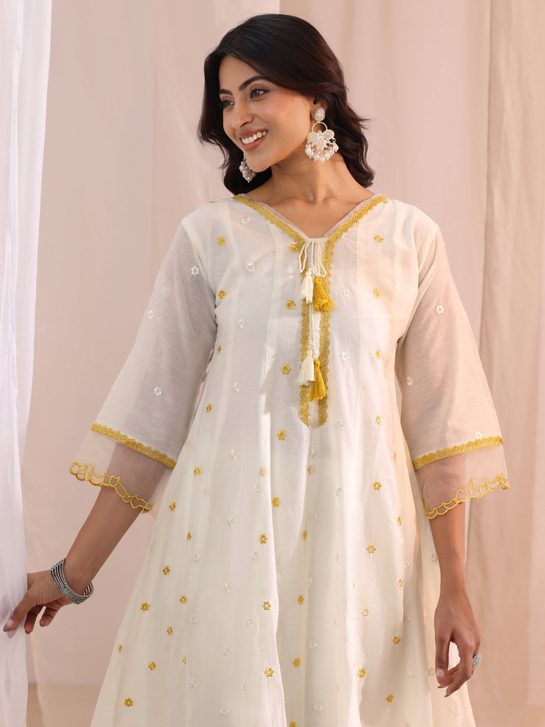  White Floral Embroidered Silk Blend A-Line Suit Set 