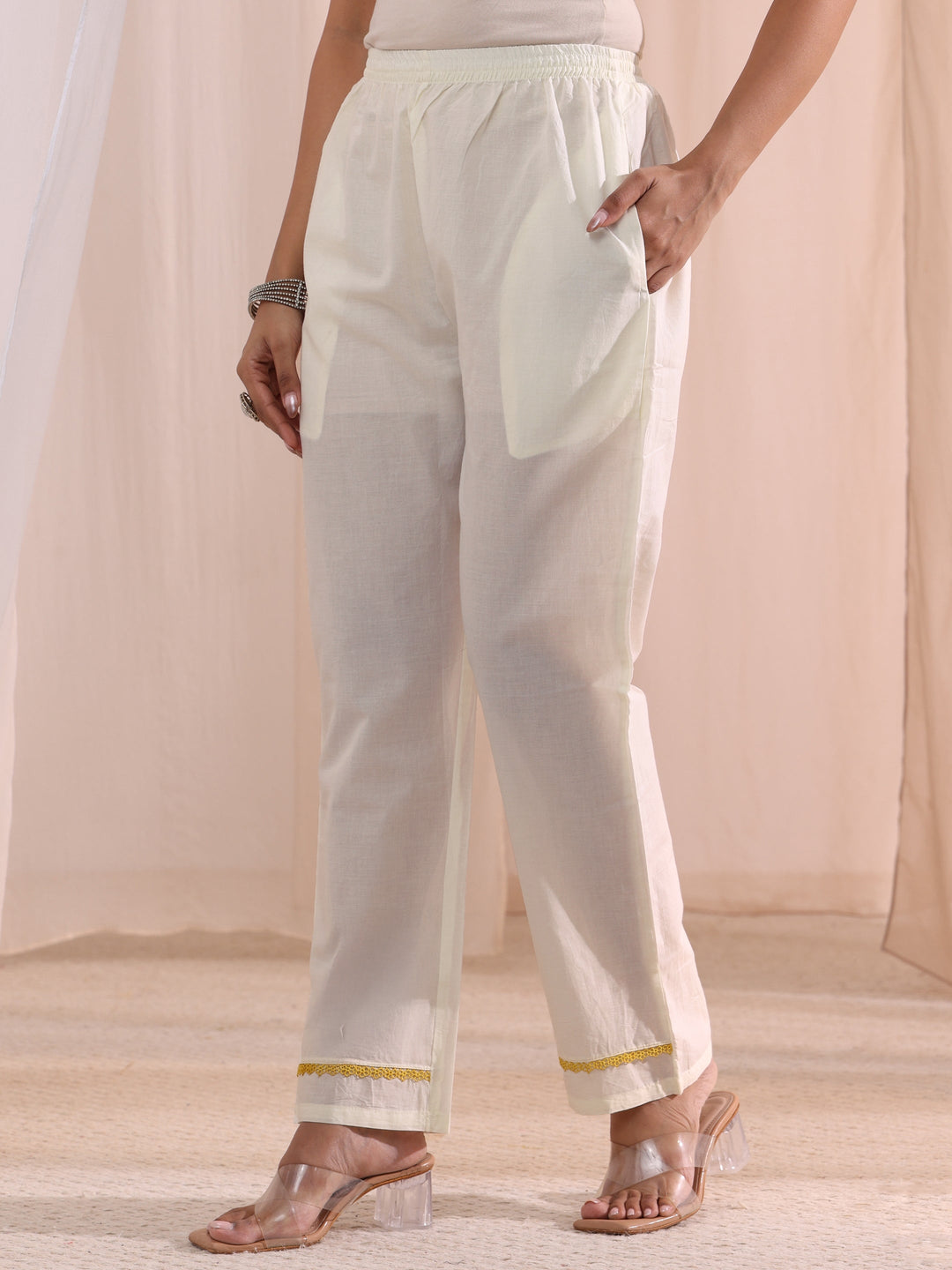  White Floral Embroidered Silk Blend A-Line Suit Set 