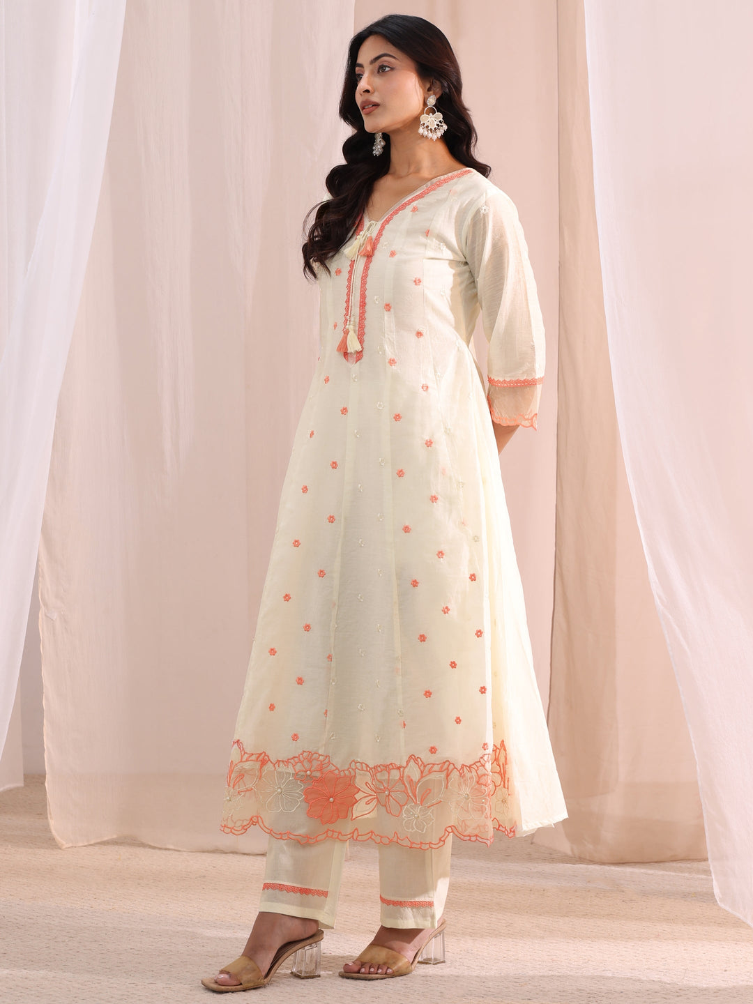  White Floral Embroidered Silk Blend A-Line Suit Set 
